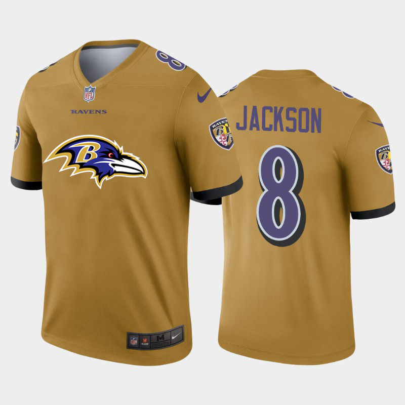 Men's Baltimore Ravens #8 Lamar Jackson Gold 2020 Team Big Logo Inverted Legend Stitched Jersey